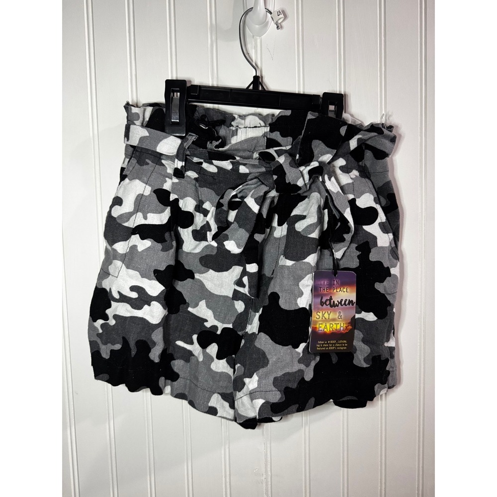 Bebop Womens Camo Paperbag Waist Shorts Linen Blend Grey Black White Large NWT